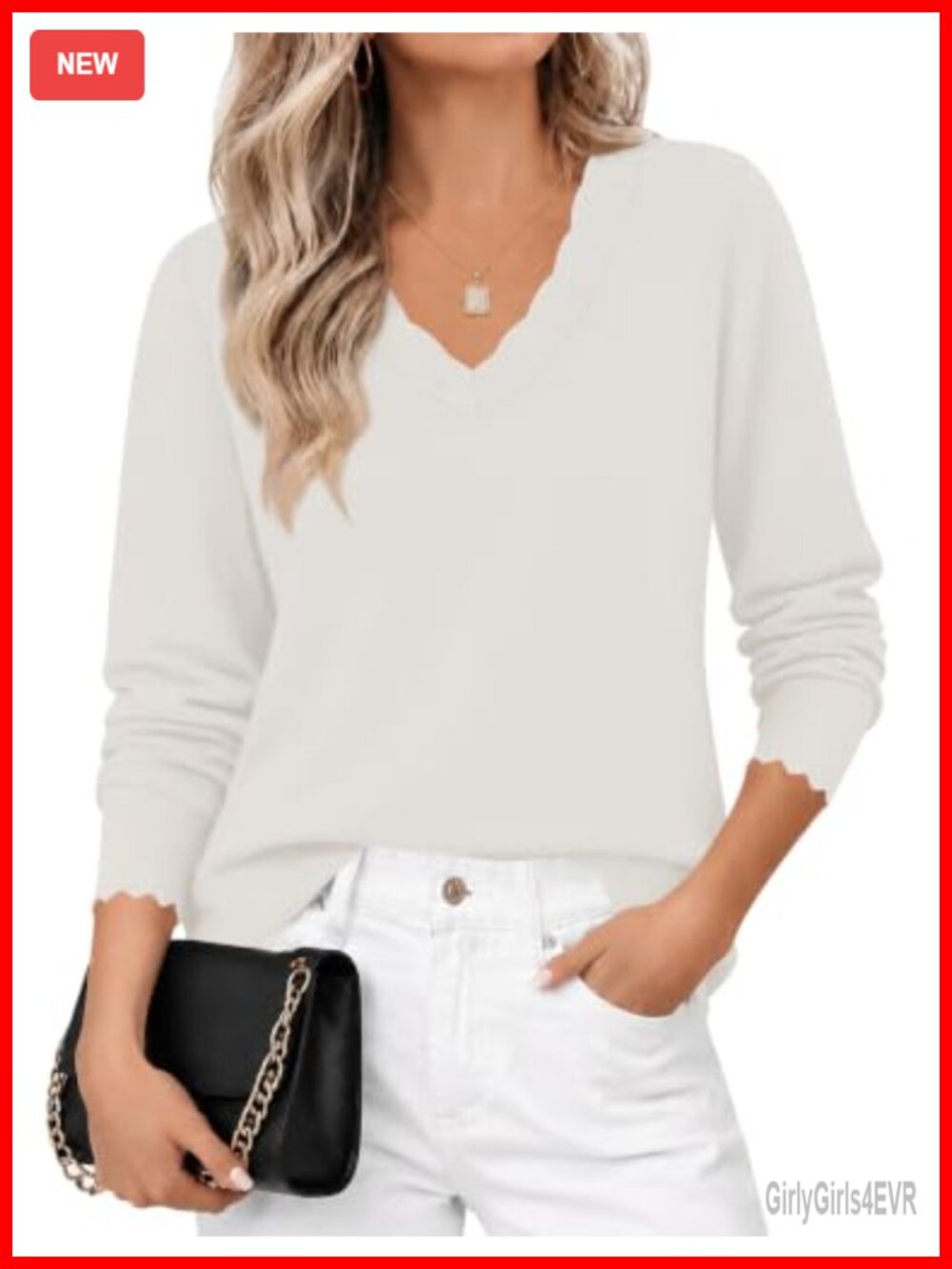 Scalloped V Neck Long Sleeve Sweater Loose Knit Pullover Top